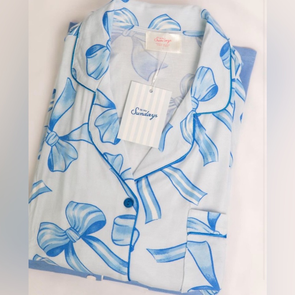 NWT In My Sundays Blue Bow Long Pajama Set - XL